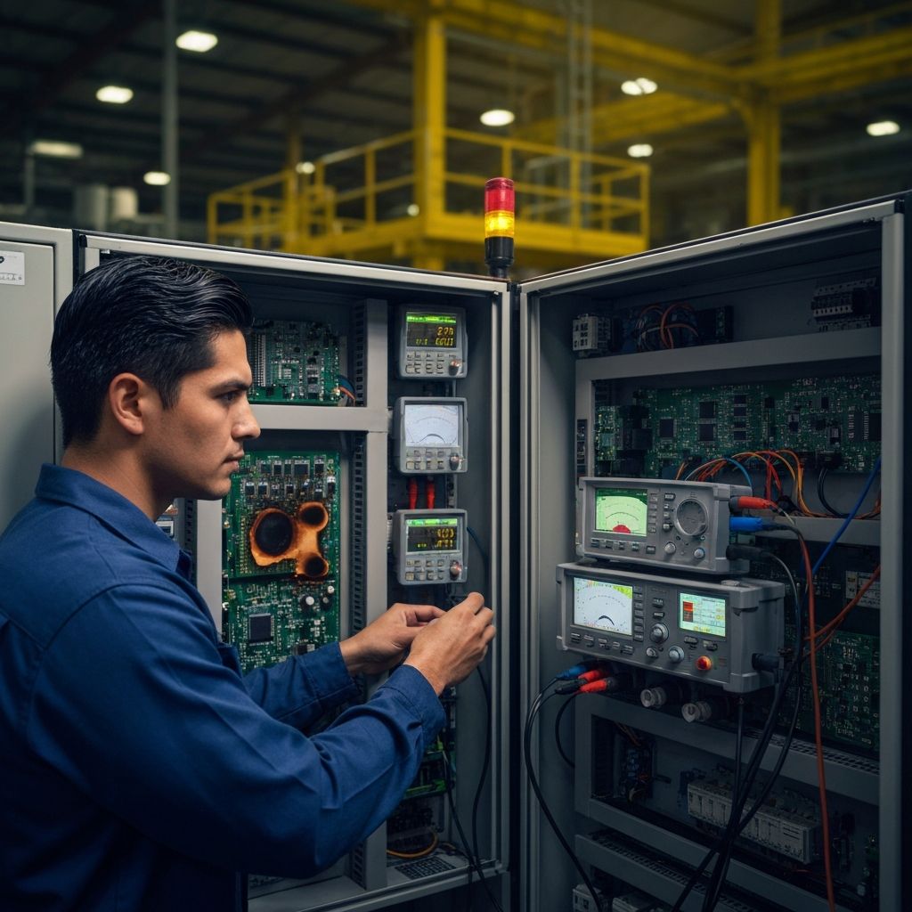Awaryjna naprawa szafy sterowniczej – technik Acore pracuje przy otwartej szafie na hali produkcyjnej