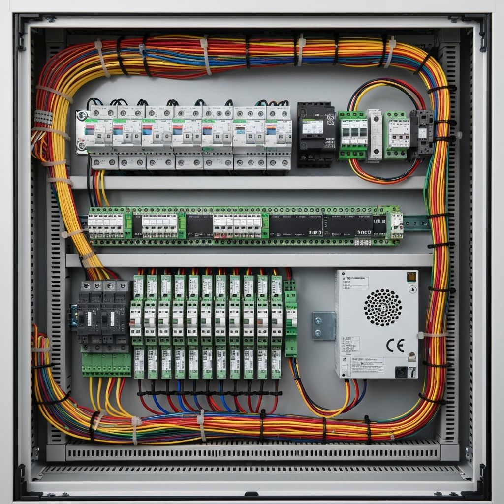 Wnętrze szafy sterowniczej PLC – okablowanie i aparatura
