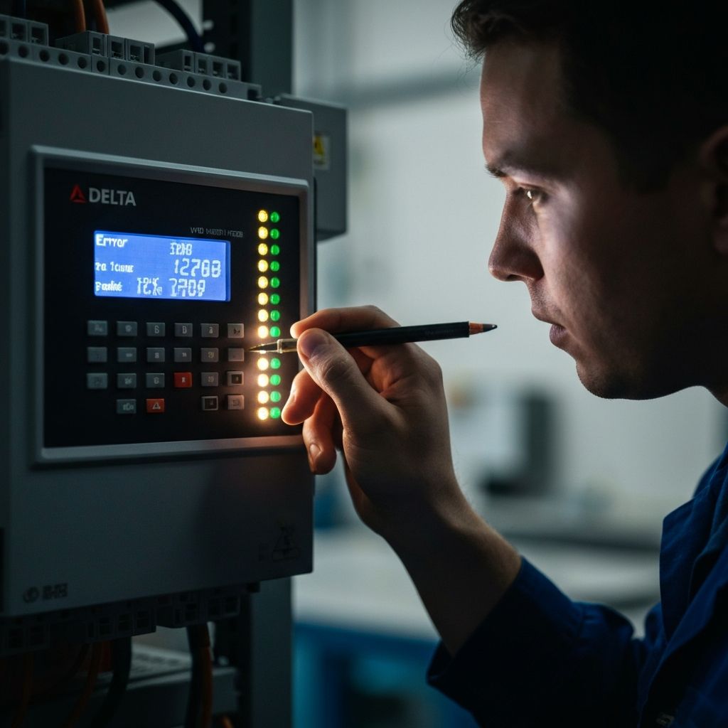 Delta VFD wyświetlający kod błędu OC – diagnostyka falownika w serwisie Acore