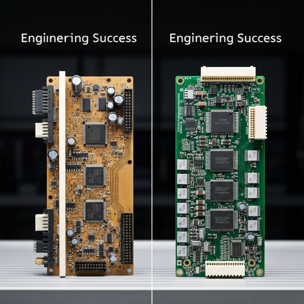 Porównanie: stara uszkodzona płytka PCB sterownika i nowa odtworzona metodą inżynierii wstecznej