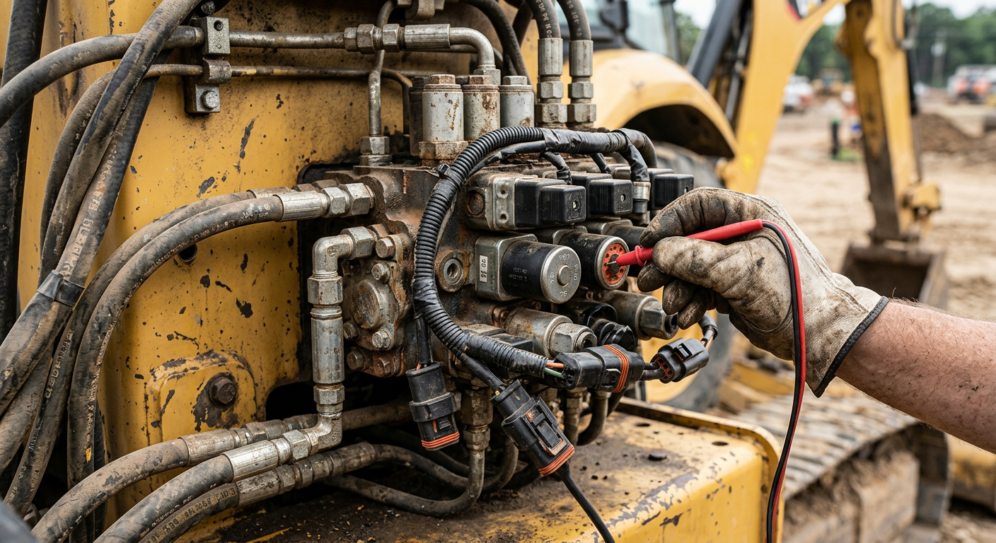 Blok zaworów hydraulicznych koparko-ładowarki z cewkami proporcjonalnymi i wiązką ze złączami Deutsch