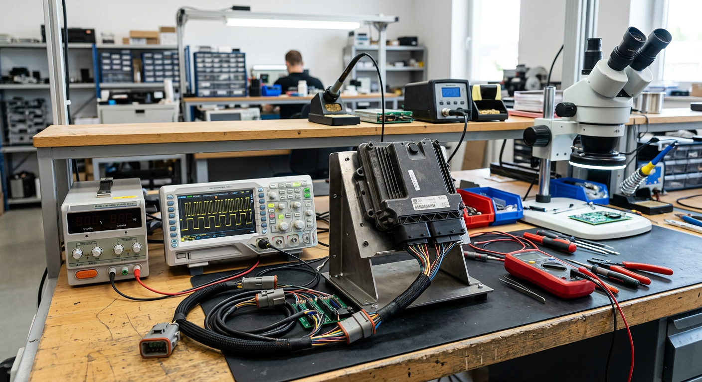 Test sterownika hydrauliki na stanowisku serwisowym z zasilaczem laboratoryjnym i oscyloskopem pokazującym przebiegi PWM