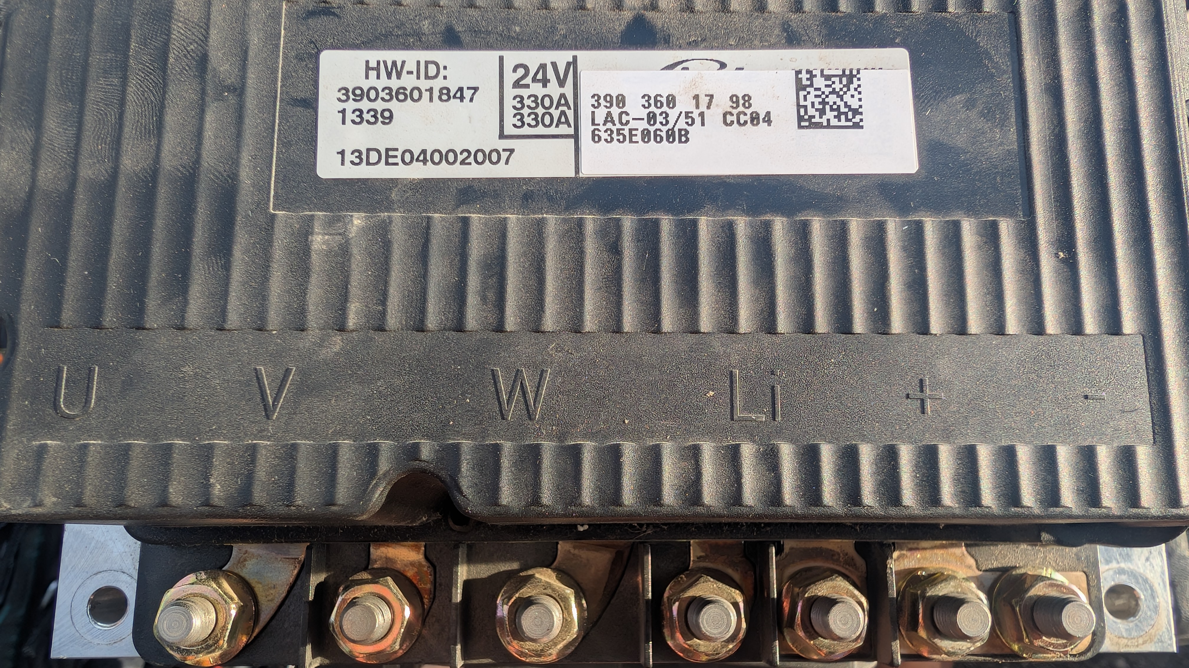 Sterownik trakcji AC Linde LAC-03/51 CC04, numer części 390 360 17 98, HW-ID 3903601847, 24 V 330 A, zaciski U V W Li + -