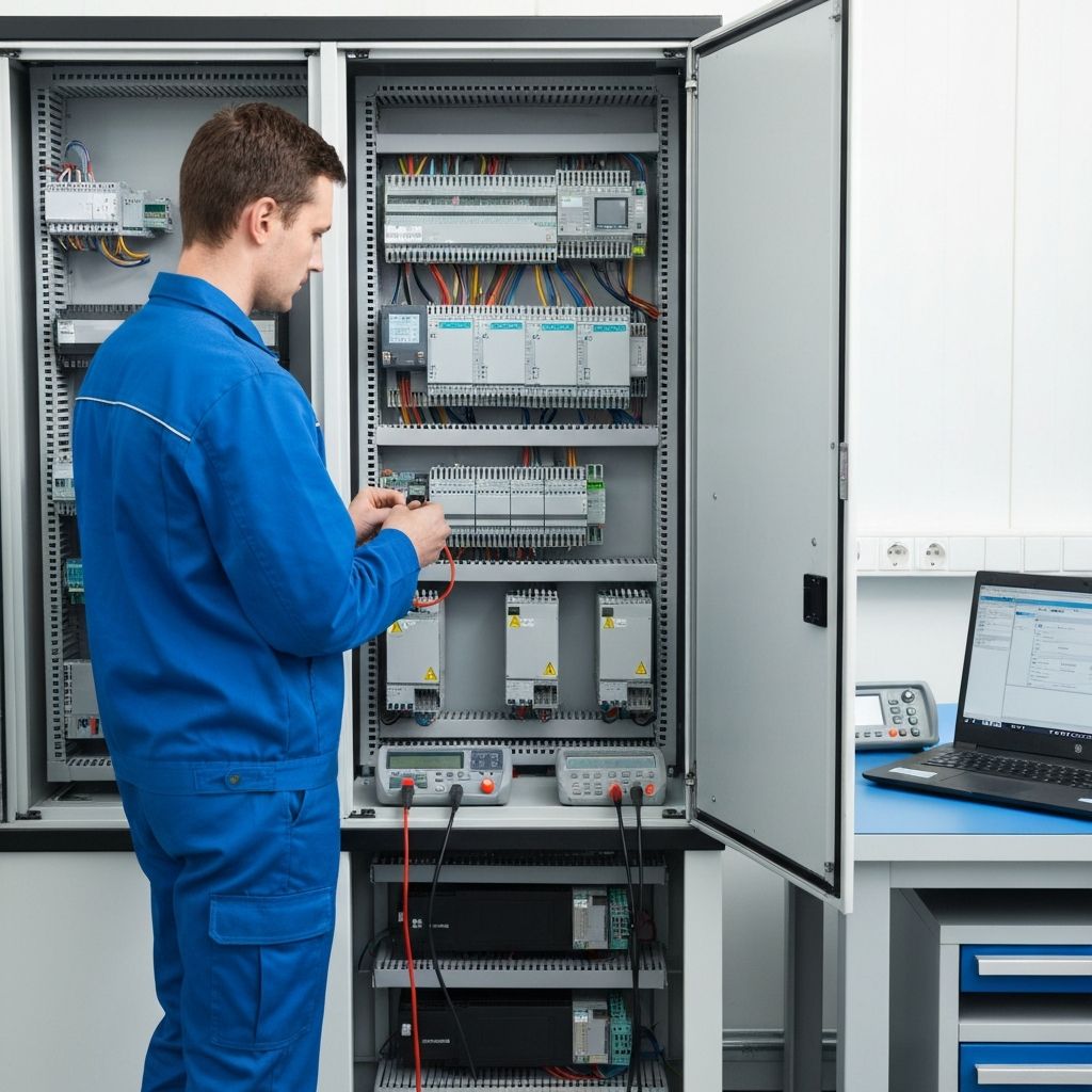 Naprawa automatyki przemysłowej – technik serwisuje szafę sterowniczą z PLC i falownikami, Acore Knurów Śląsk