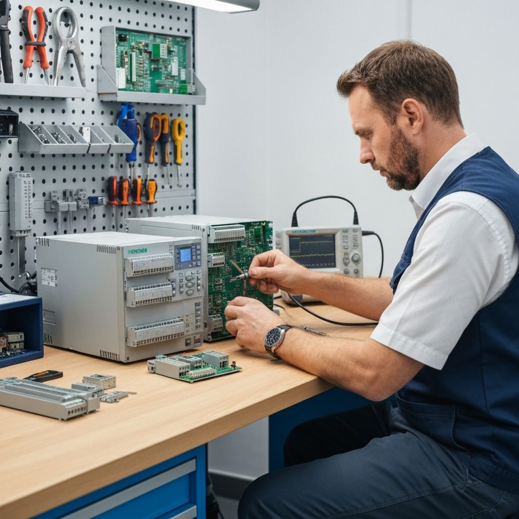 Naprawa i serwis automatyki przemysłowej – technik Acore przy PLC Siemens S7 i falowniku VFD