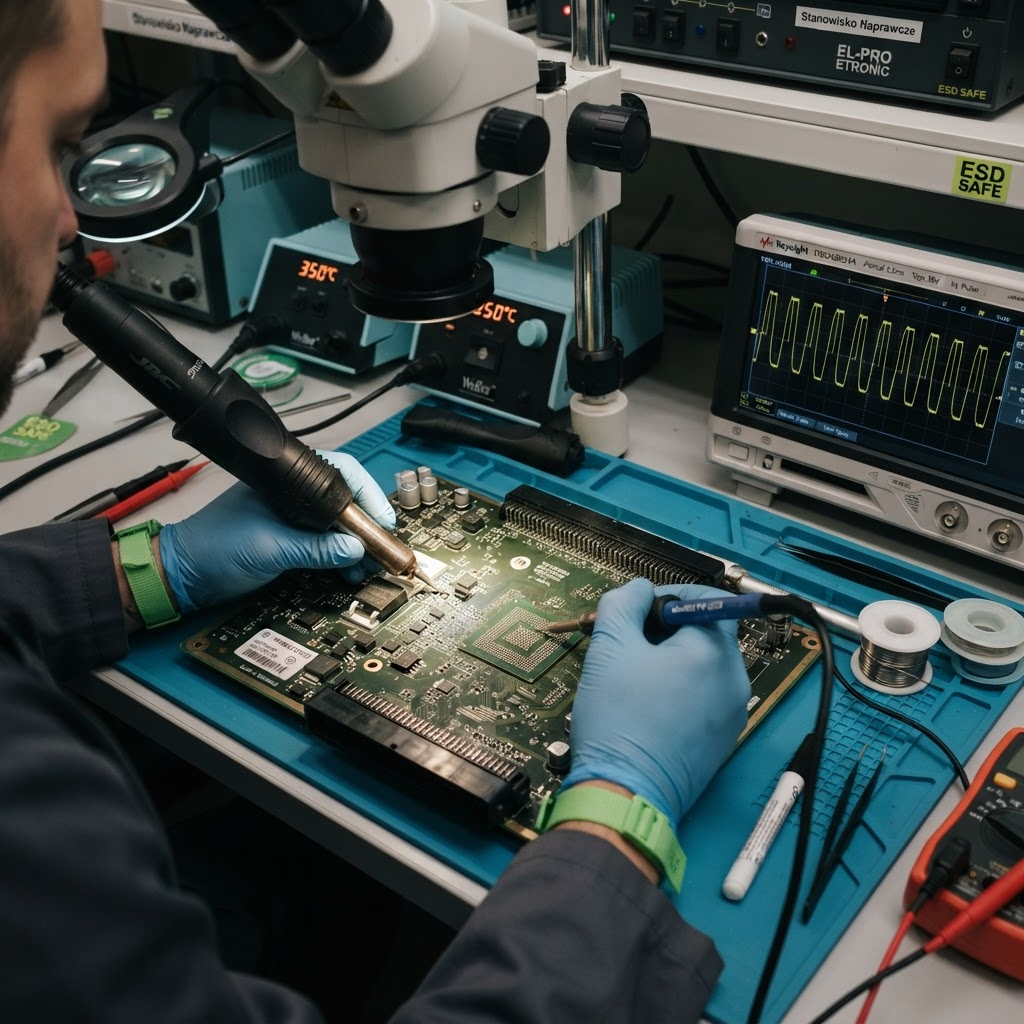 Naprawa płyty PCB sterownika Bosch EDC7UC31 kombajnu John Deere – naprawa MOSFET BGA procesor