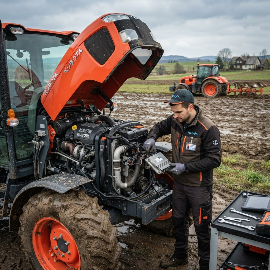 Ciągnik rolniczy z silnikiem Kubota V6108, demontaż sterownika ECU DENSO w celu naprawy