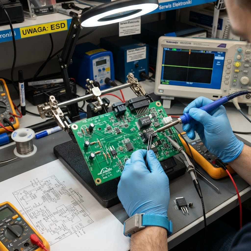 Naprawa płyty PCB ECU wózka widłowego – czujnik TPS, regulator 5V, driver przepustnicy