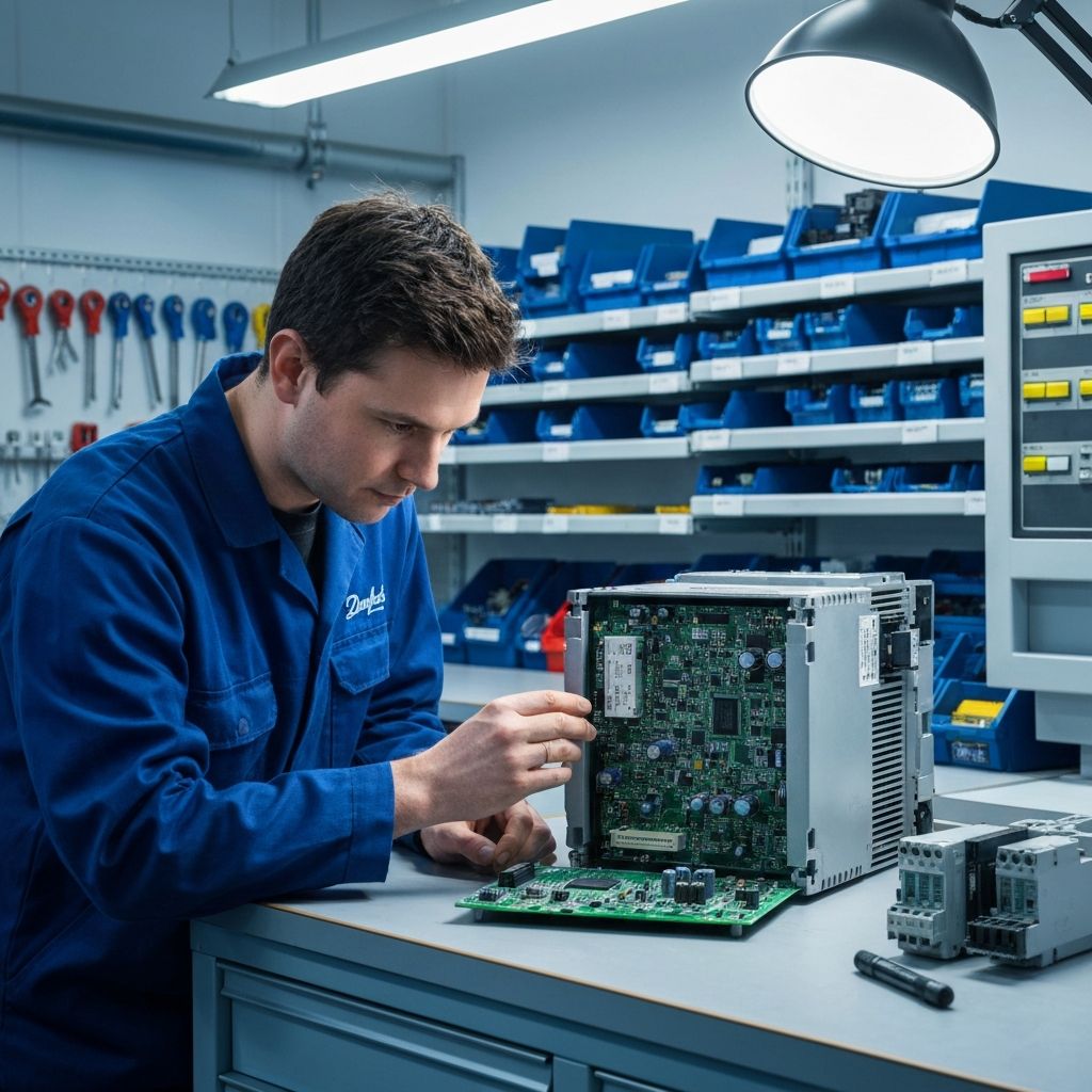 Naprawa falownika Danfoss VLT – technik serwisuje przemiennik częstotliwości FC302 w warsztacie ACORE Knurów