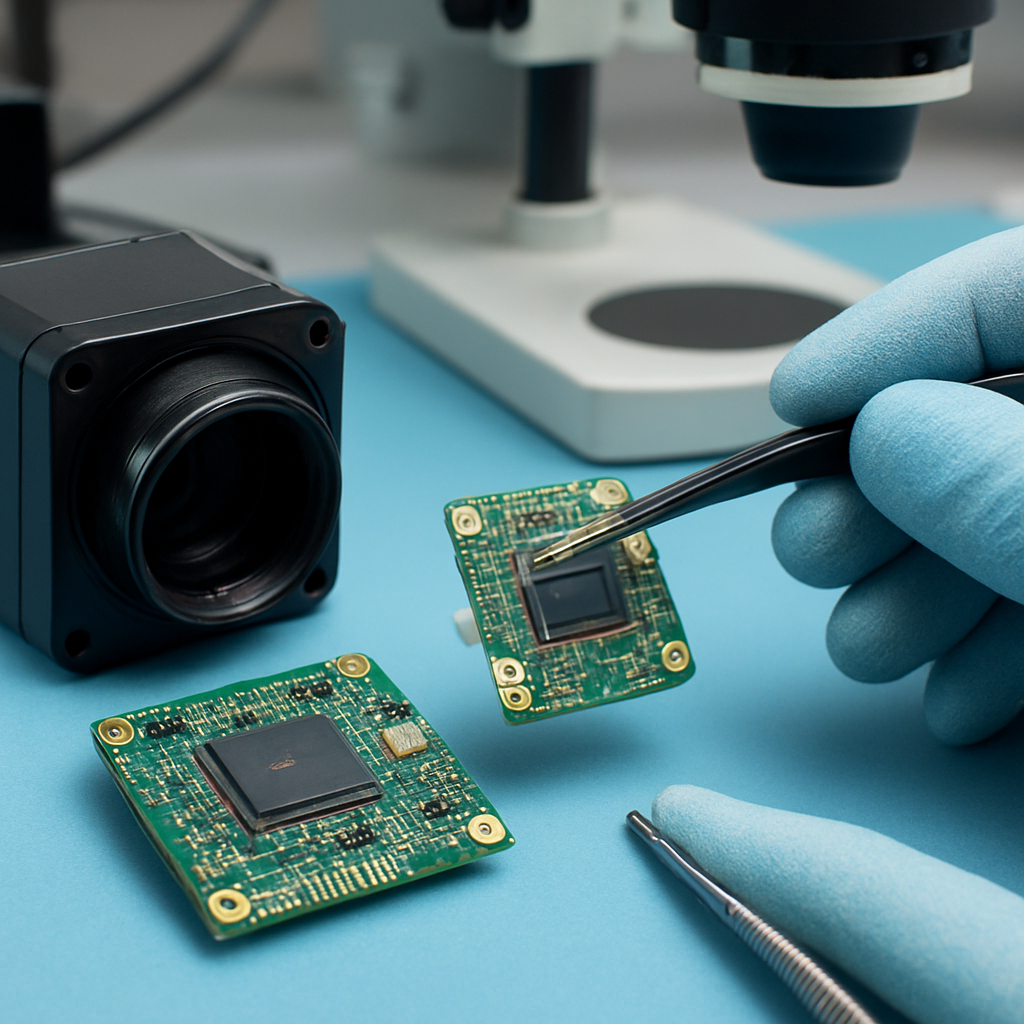 Naprawa płyty PCB kamery maszynowej – wymiana sensora CMOS – serwis Acore