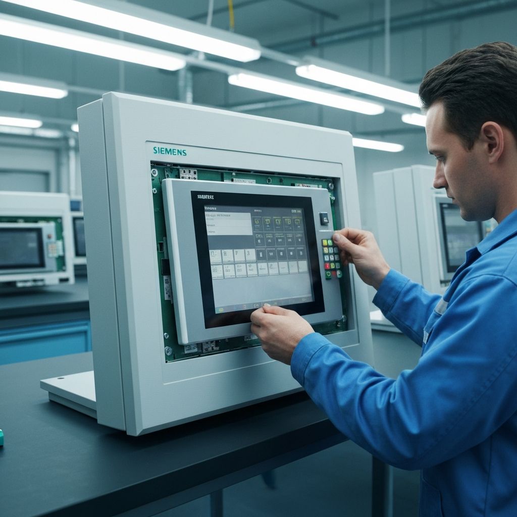 Naprawa panelu operatorskiego HMI – technik wymienia ekran dotykowy w warsztacie Acore