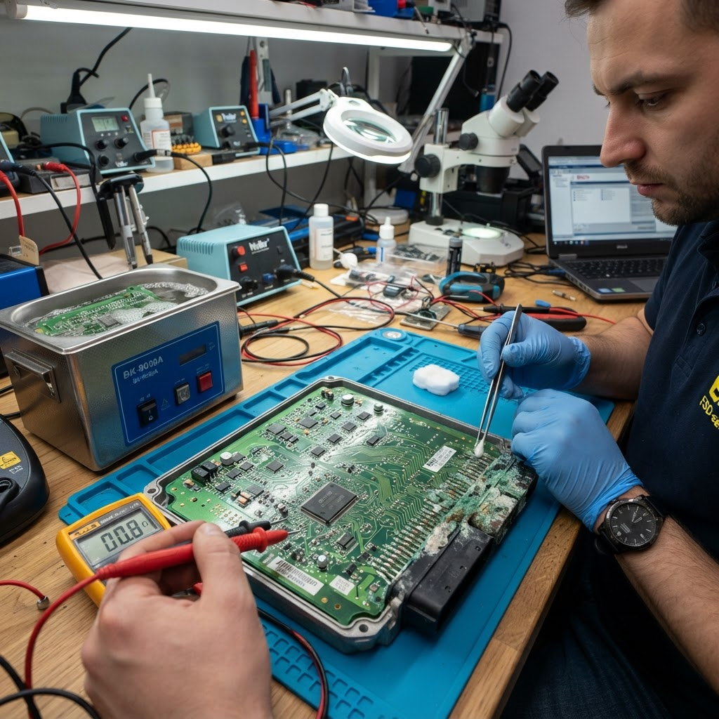 Płytka PCB sterownika ECU Kubota z ciągnika, korozja złączy po kontakcie z wodą w polu