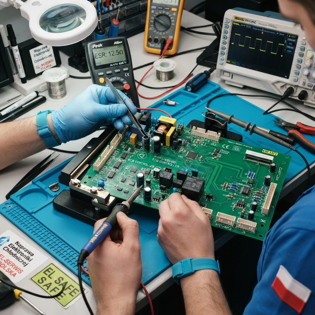 Naprawa sterownika Carel ECB PYST1H0555 – wymiana przekaźnika i kondensatora, PCB
