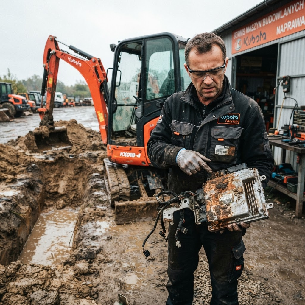 Sterownik ECU Kubota DENSO wymontowany z minikoparki, widoczna korozja obudowy po kontakcie z wodą