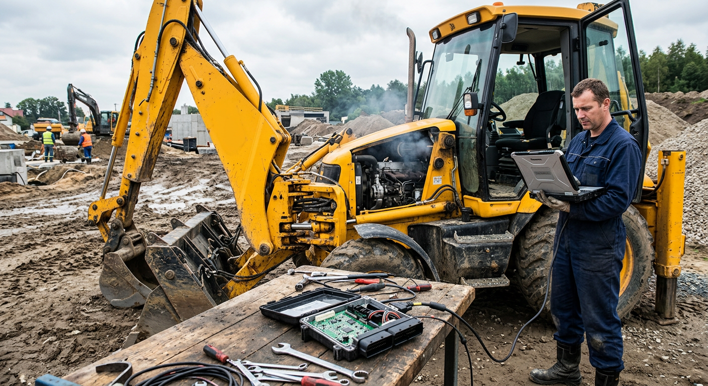Koparko-ładowarka JCB z pracującym silnikiem i brakiem hydrauliki – diagnostyka sterownika hydrauliki