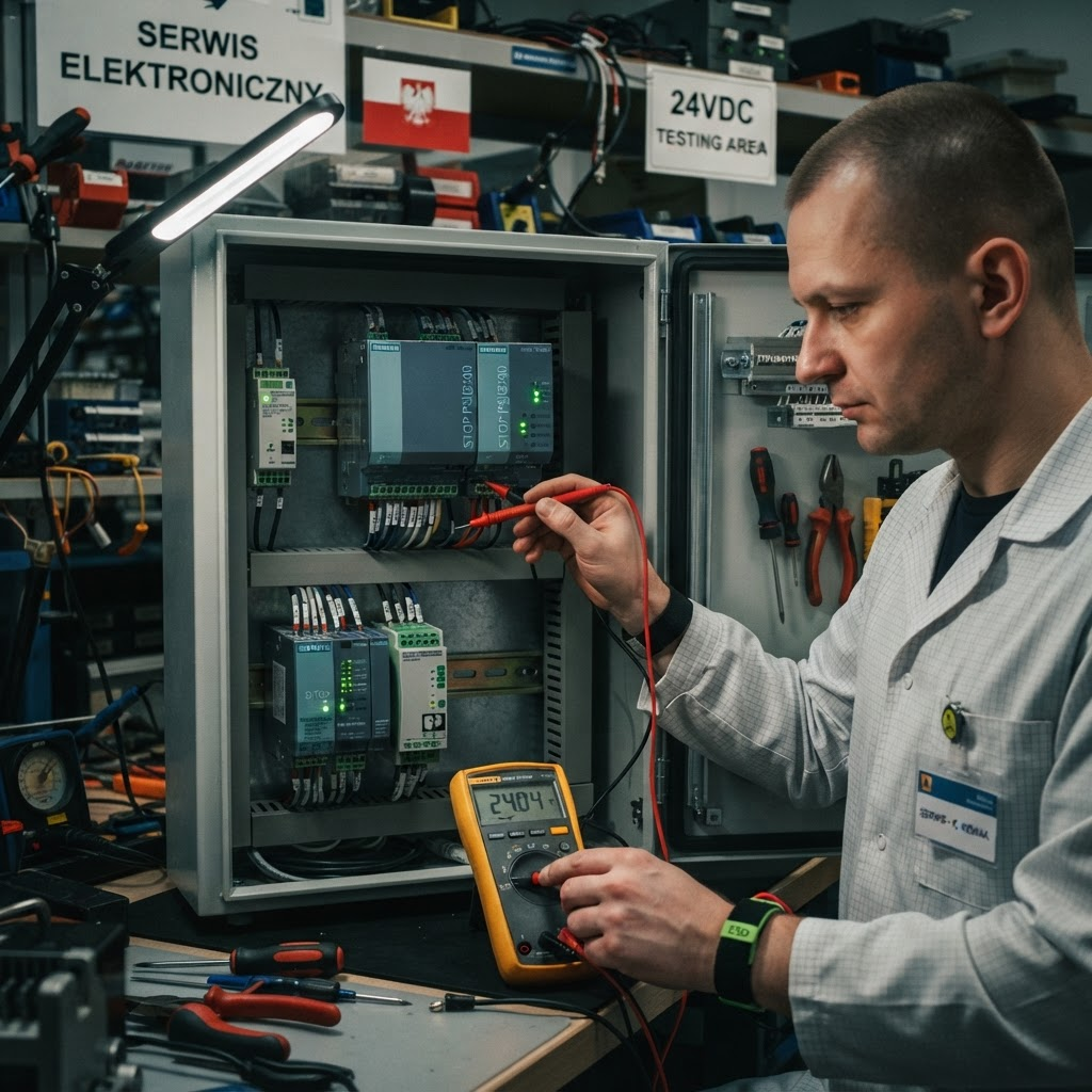 Zasilacze DIN-rail 24VDC Siemens SITOP i Phoenix Contact QUINT w szafie sterowniczej, pomiar napięcia wyjściowego