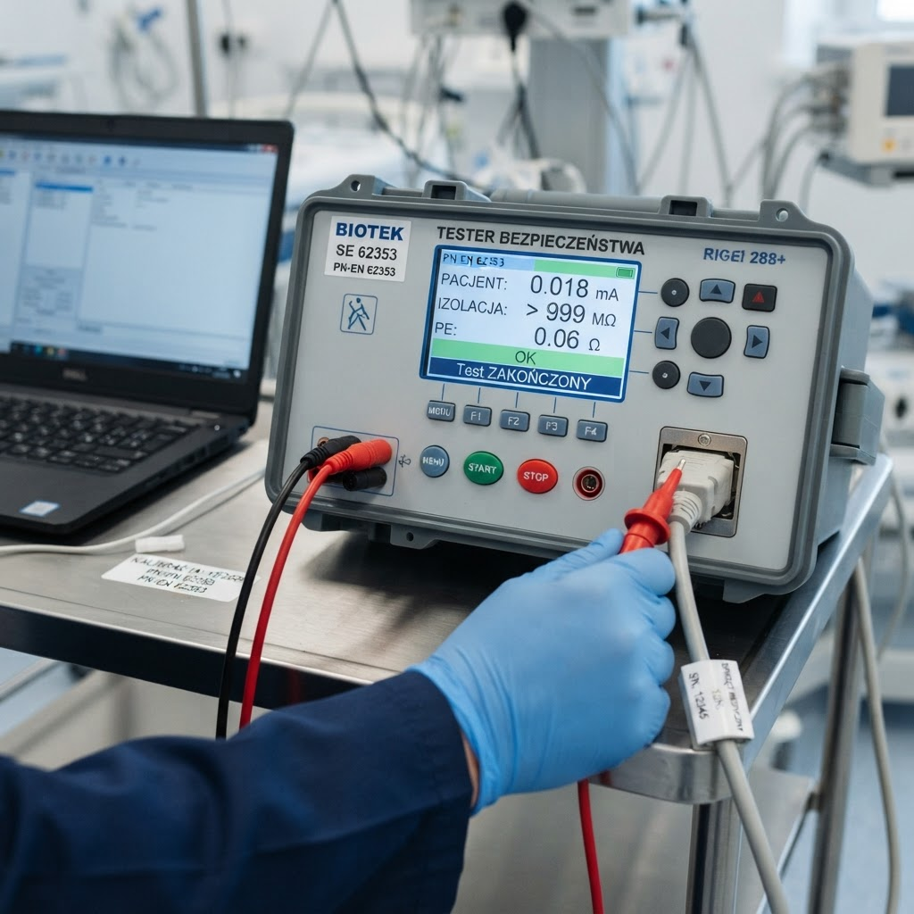 Pomiar bezpieczeństwa elektrycznego urządzenia medycznego podczas przeglądu technicznego