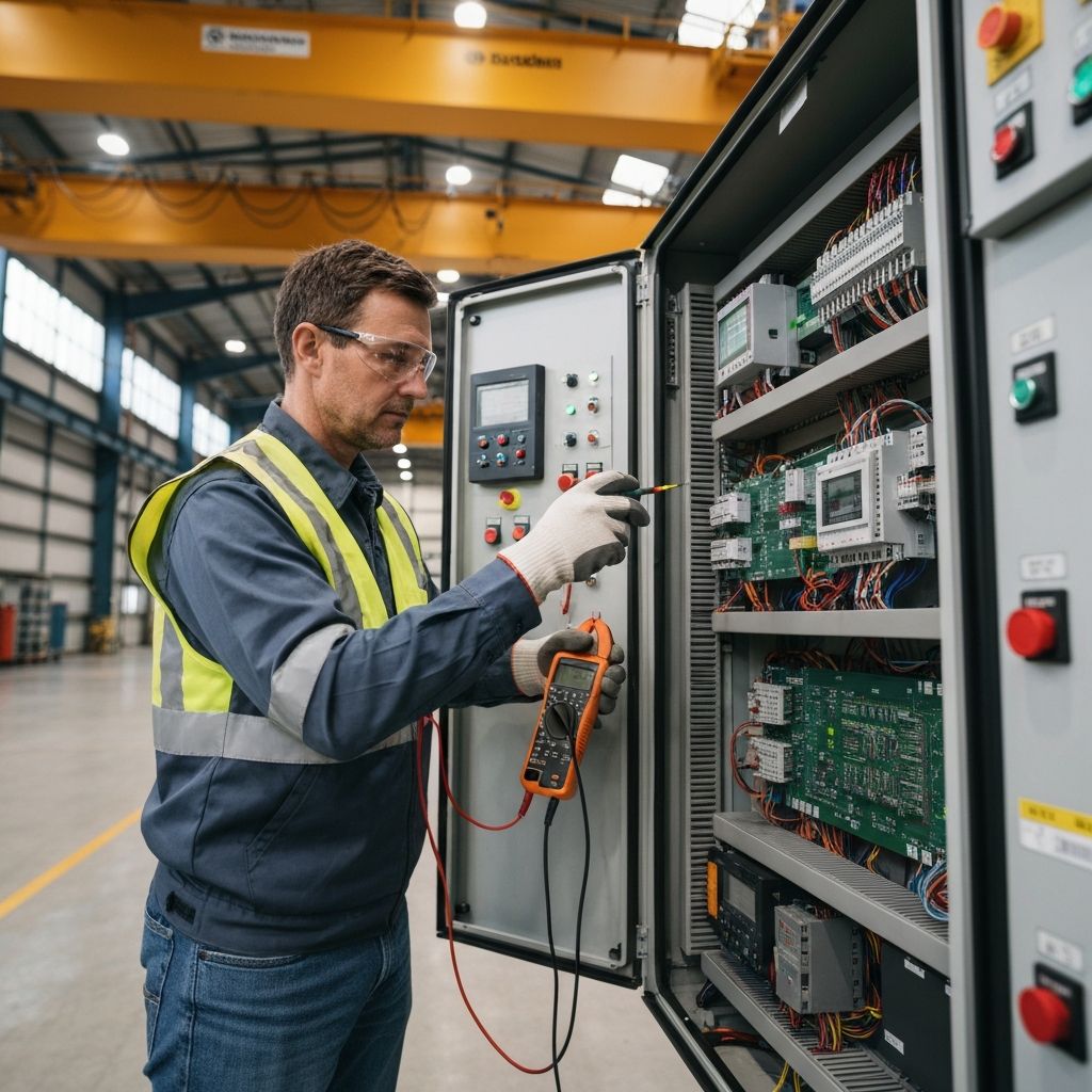 Pomiary elektryczne suwnic EOT - technik wykonuje pomiar izolacji w szafie sterowniczej suwicy