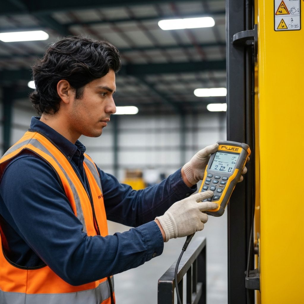 Pomiary elektryczne wózka widłowego - technik z miernikiem inspekcja instalacji