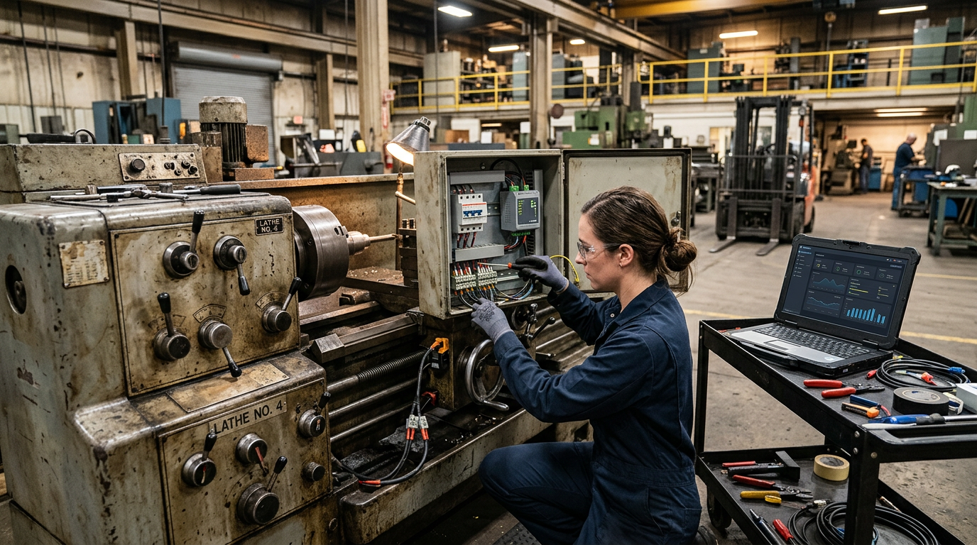 Technik podłącza bramkę IoT edge i przekładniki prądowe do starej maszyny przemysłowej