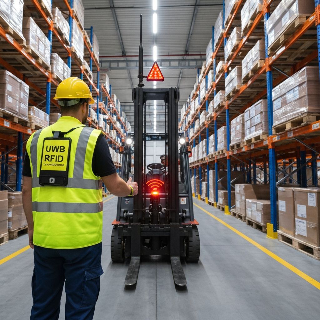 System RFID/UWB wykrywania pieszych w magazynie – tag na kamizelce pracownika aktywuje alarm wózka