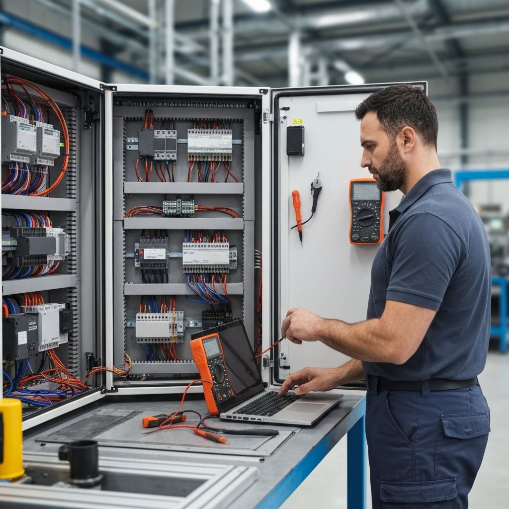 Serwis i naprawa szaf sterowniczych PLC – technik Acore przy diagnostyce na obiekcie przemysłowym