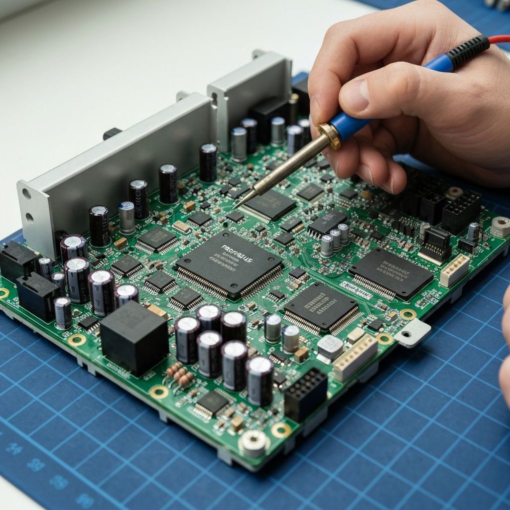 Płyta PCB panelu HMI Siemens SIMATIC podczas naprawy – układy PROFIBUS, Ethernet, kondensatory, mikroprocesor