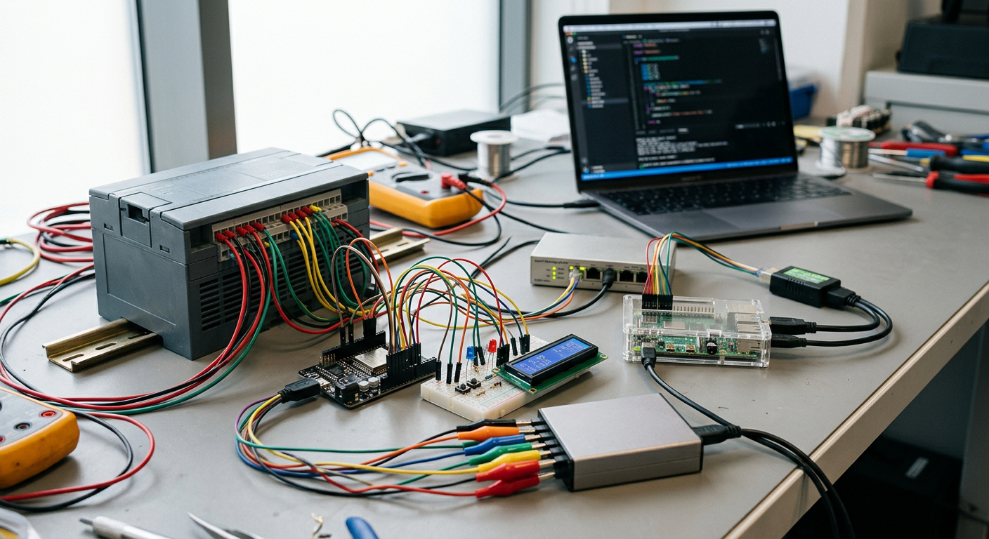 Stanowisko prototypowe z PLC, płytką ESP32, Raspberry Pi, konwerterem RS-485 i analizatorem logicznym