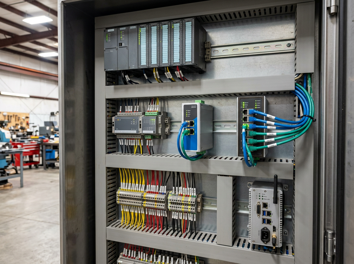 Szafa sterownicza z PLC, modułami I/O, bramką protokołów OPC UA Modbus PROFINET i switchem przemysłowym