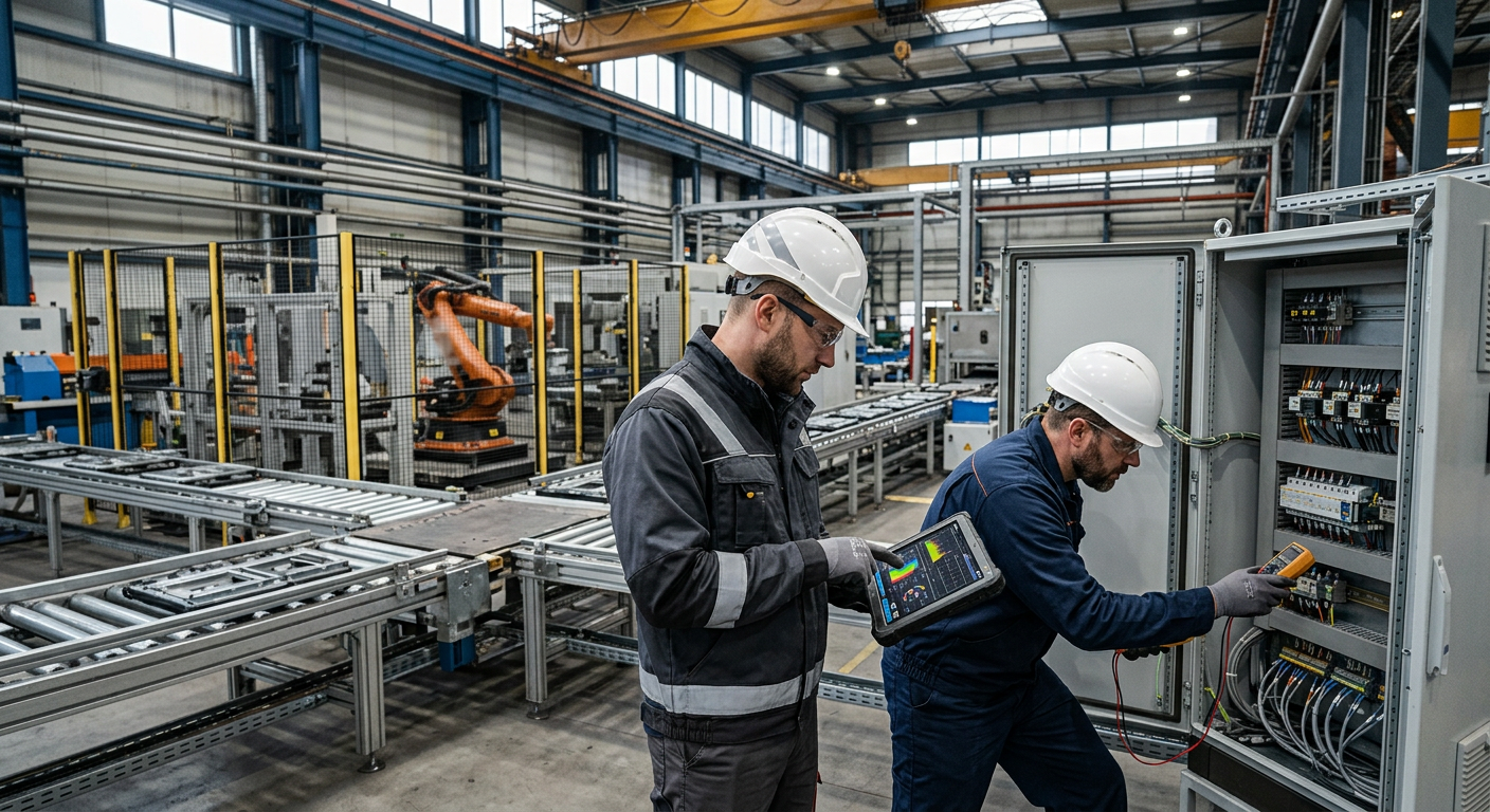 Dwóch techników uruchamia zintegrowaną linię produkcyjną w hali na Śląsku